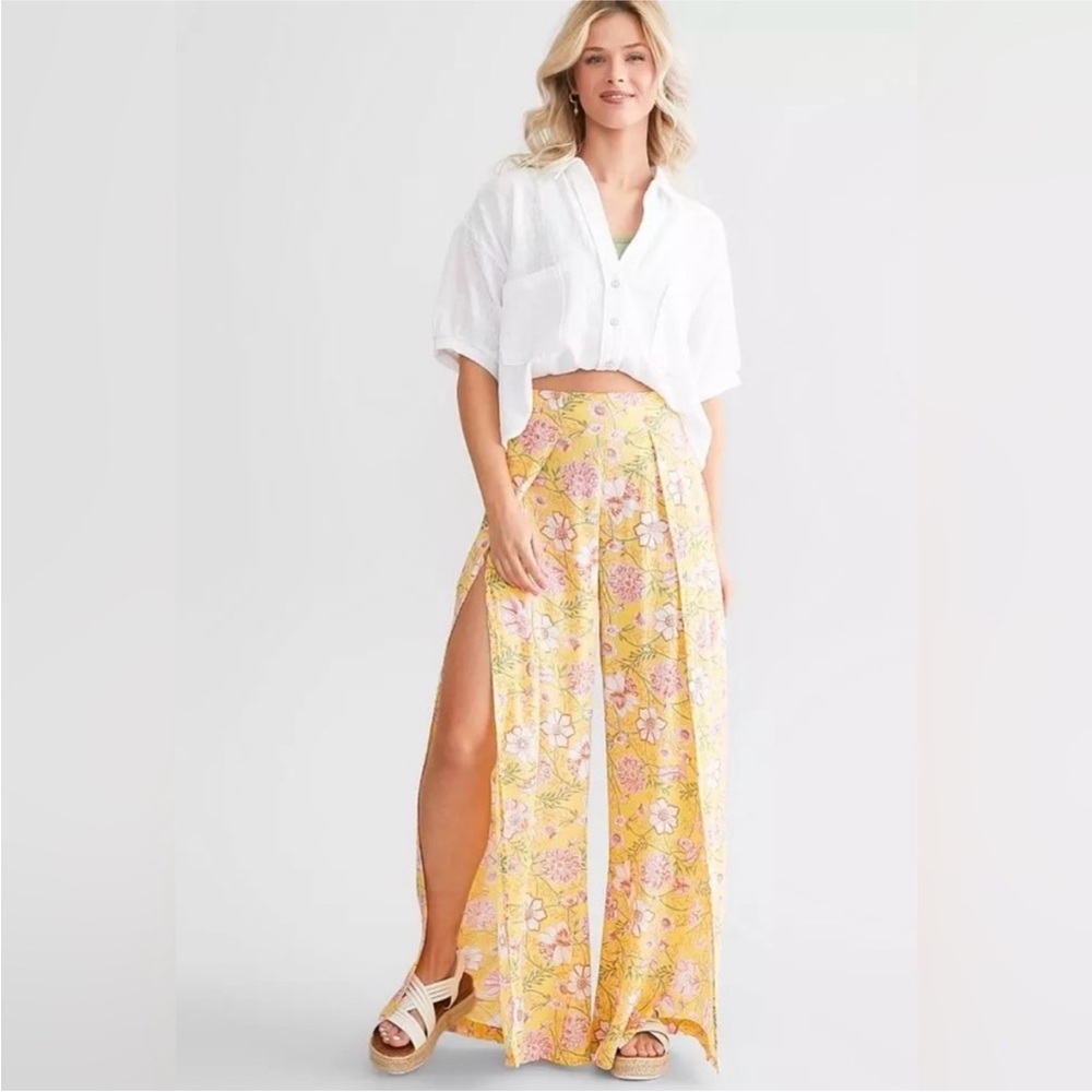 BILLABONG Split Spirit Pant Boho MEDIUM Floral Split Wide Leg High Waisted NWT - Picture 2 of 8